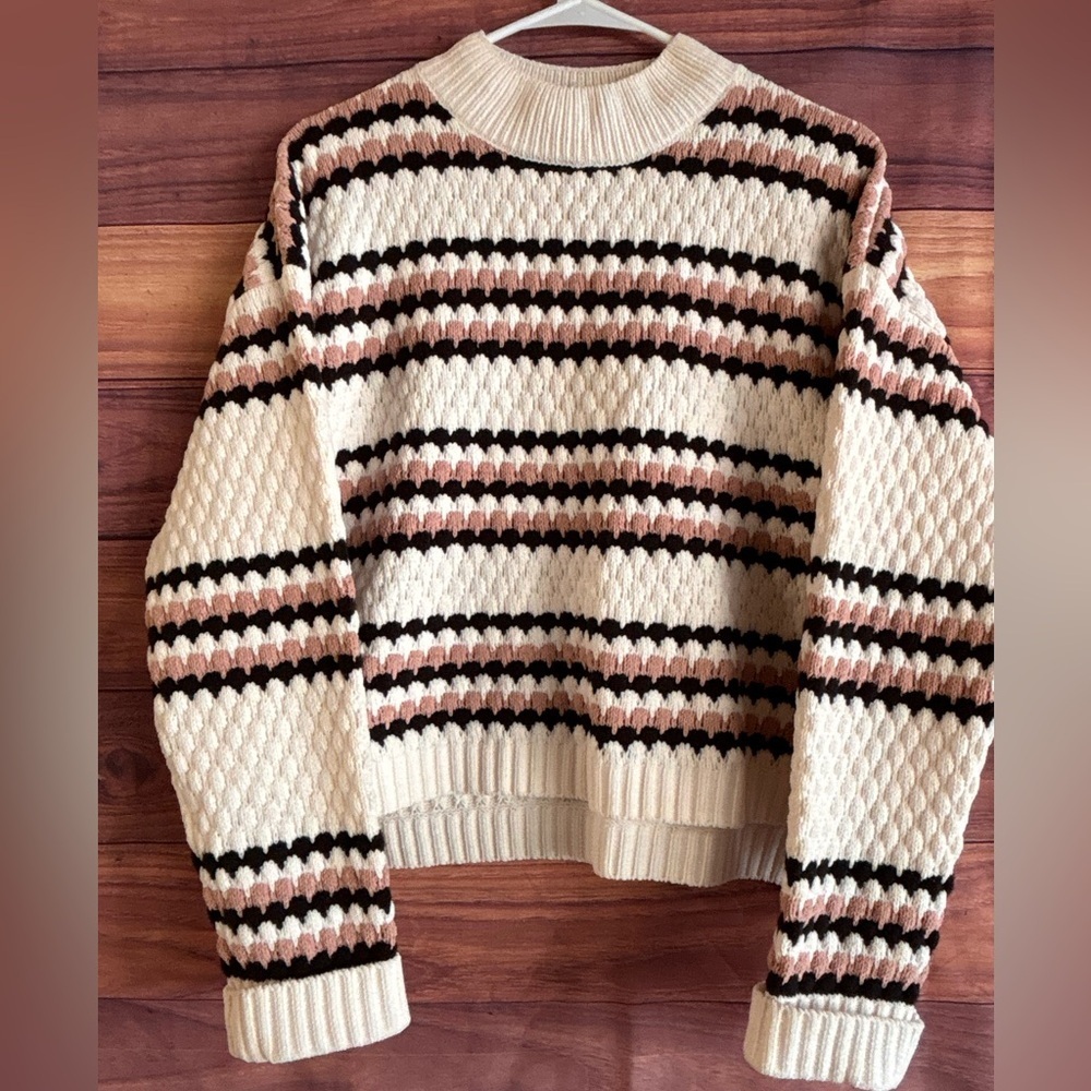 Allison + Zoe Striped Chenille Popcorn Knit Sweater XL Cream Pink Black 23FS475